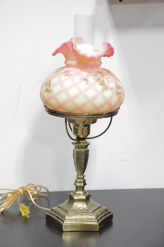 Appraisal: BOUDOIR LAMP WITH FENTON SHADE Stepped brass base having a