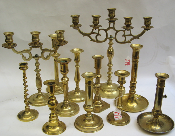 Appraisal: COLLECTION BRASS CANDELABRA CANDLESTICKS pieces includes one -light candelabra inches