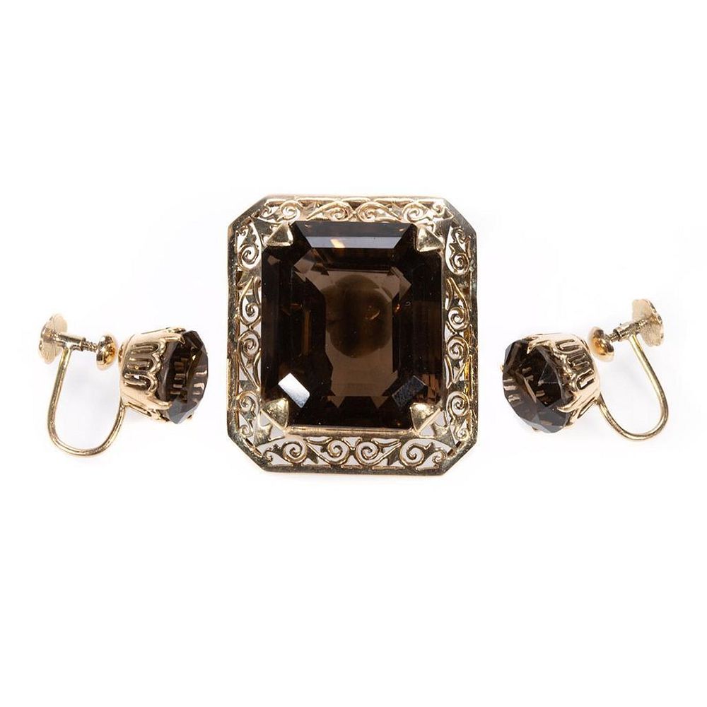 Appraisal: Smoky quartz k gold brooch-pendant earrings rectangular brooch-pendant centering an