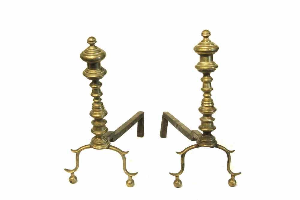 Appraisal: PAIR CHIPPENDALE ANDIRONS - Period Chippendale Brass Andirons small size