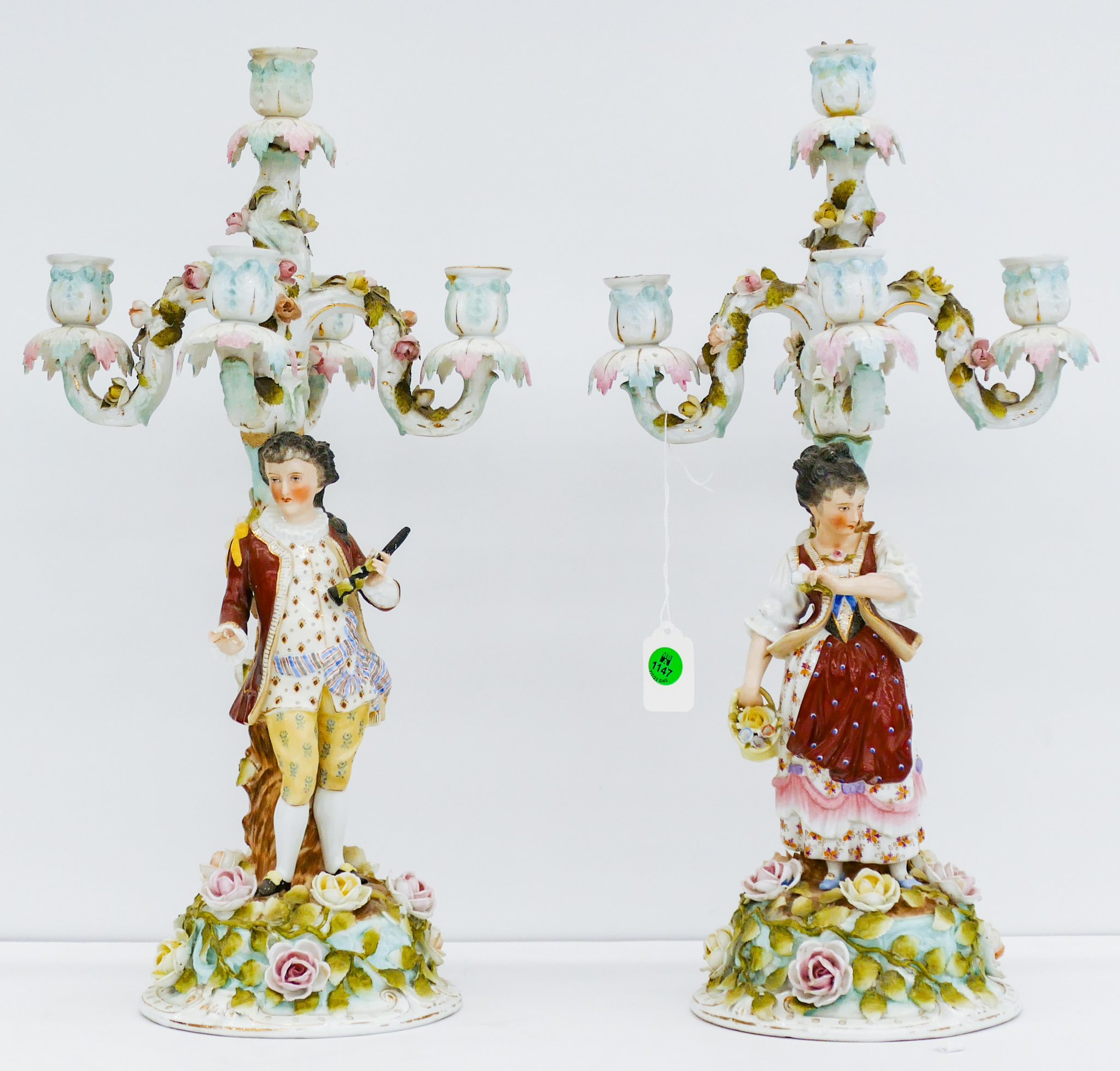 Appraisal: Pair Antique Sitzendorf Man Woman Porcelain Candelabras '' - Scattered