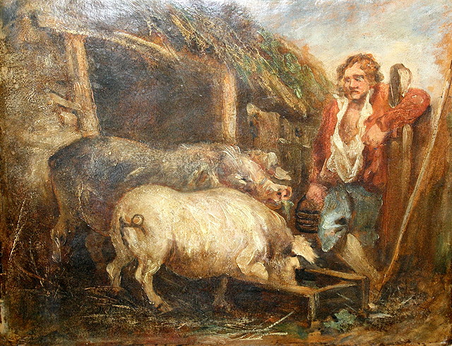 Appraisal: FOLLOWER OF GEORGE MOORLANDPigs outside a sty with farmhand oils