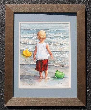 Appraisal: BEACH SCENE WITH YOUNG BOY TOY BOAT AND PAIL Watercolor