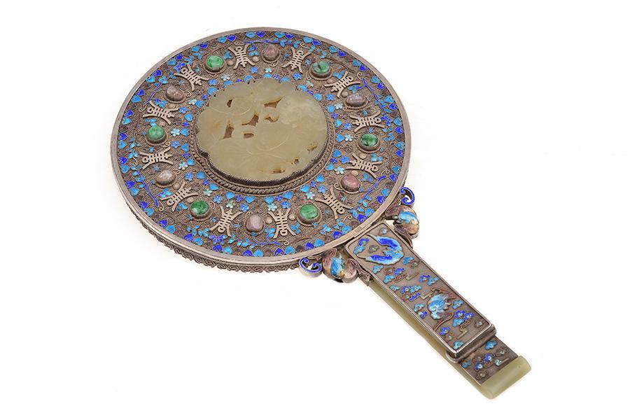 Appraisal: AN ENAMELLED CHINESE SILVER HAND MIRROR CIRCA filagree silver ground