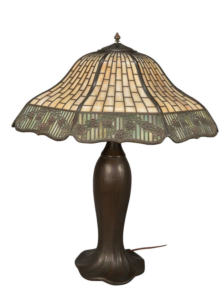 Appraisal: Handel Table Lamp having panel shade with applied decoration and