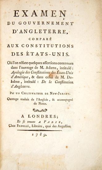 Appraisal: LIVINGSTON William Examen du Gouvernement d Angleterre Compare aux Constitutions