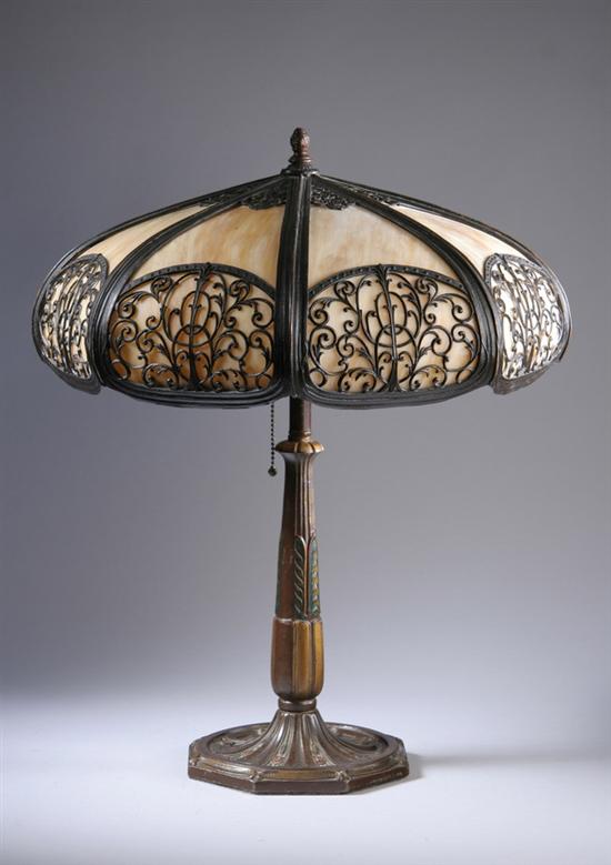 Appraisal: ART NOUVEAU PATINATED AND COLD-PAINTED METAL AND SLAG GLASS TABLE