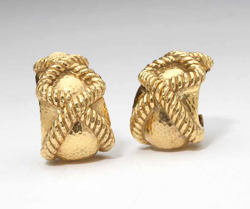 Appraisal: Signed David Webb K gold hammered and fluted clip-earrings ''