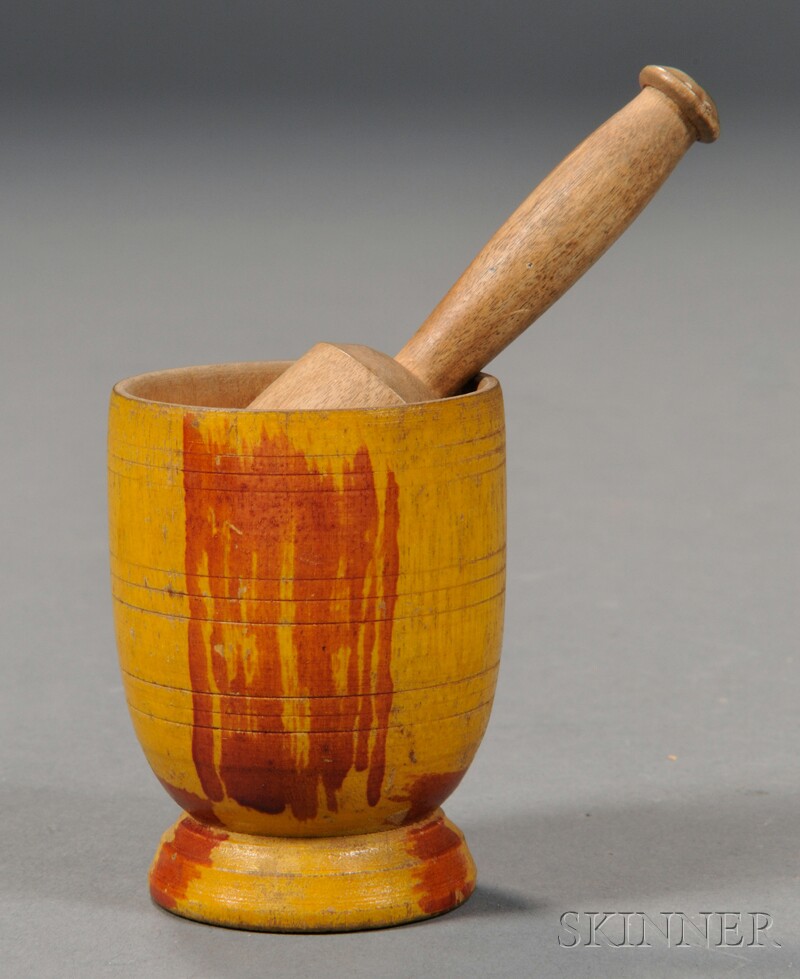 Appraisal: Miniature Turned and Paint-decorated Wood Mortar and Pestle America th