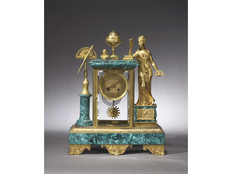 Appraisal: FRENCH MALACHITE AND GILT-BRONZE MANTEL CLOCK Rectangular four-glass case flanked