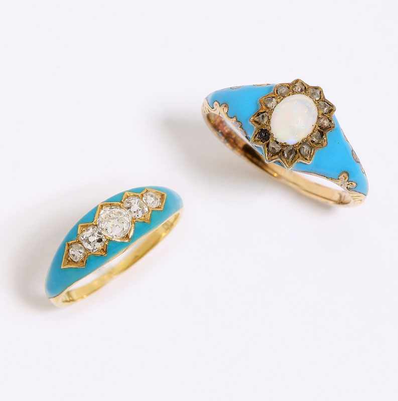 Appraisal: Two tested K yellow gold and blue enamel gold rings