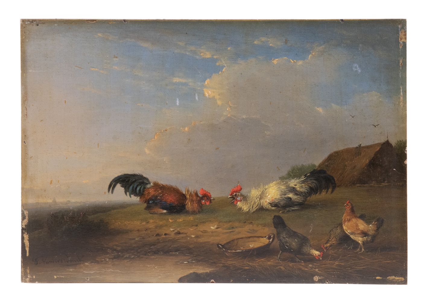 Appraisal: FRANZ VAN SEVERDONCK BELGIUM - Cock Fight oil on mitered