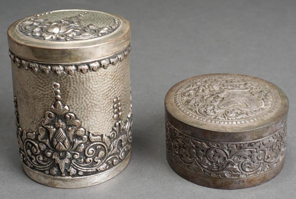 Appraisal: TWO SOUTHEAST ASIAN -SILVER CANISTERS H OF TALLER IN CM