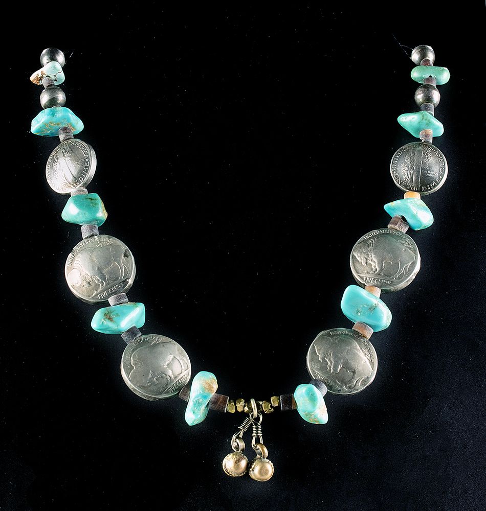 Appraisal: Vintage Navajo Necklace w Nickel Dimes Turquoise Stones Native American