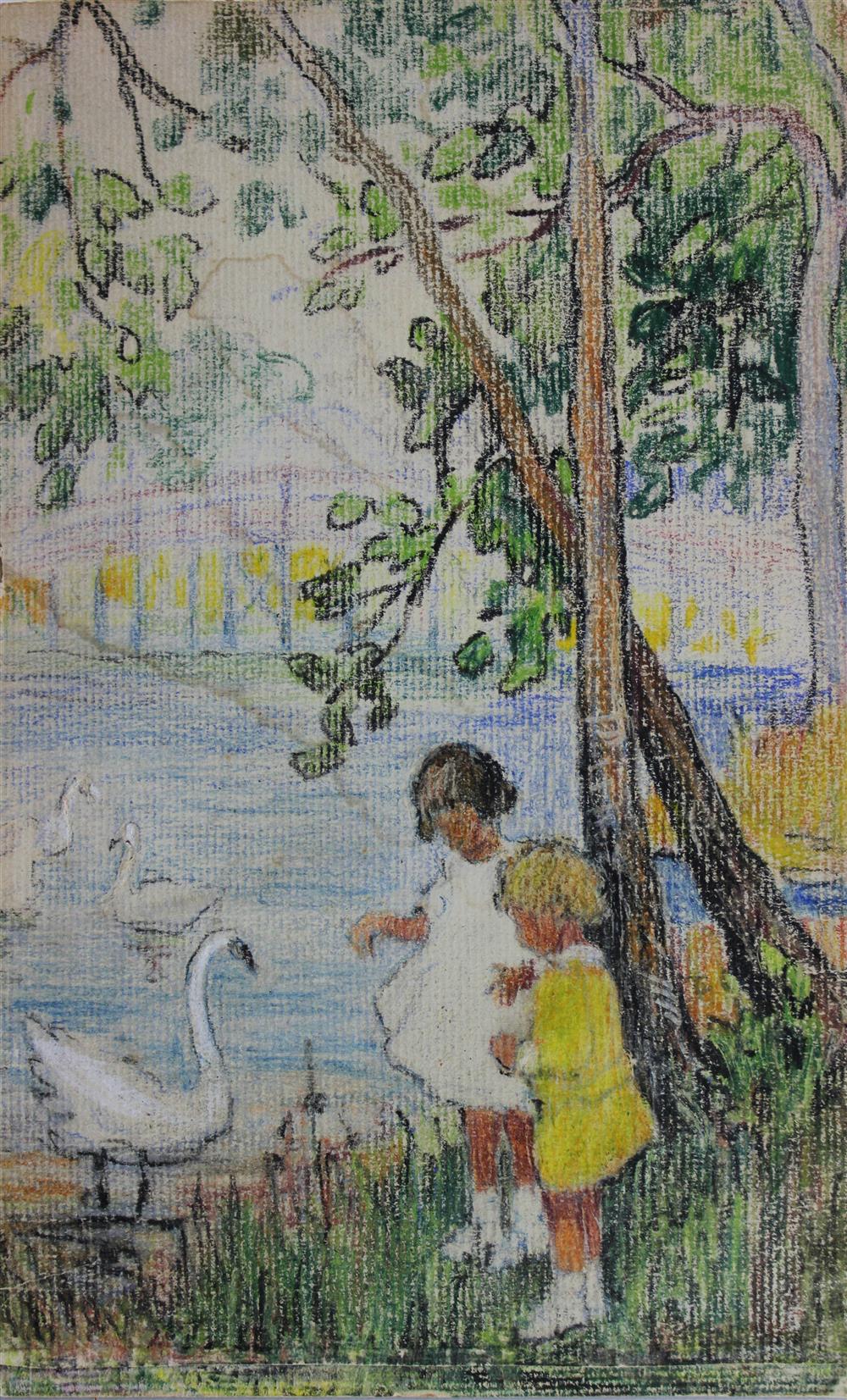 Appraisal: ATTRIBUTED TO MARTHA WALTER AMERICAN - CHILDREN FEEDING THE SWANS