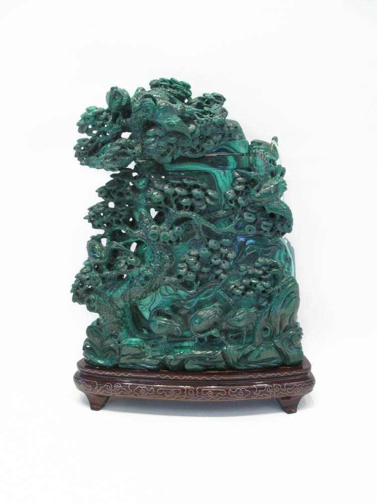 Appraisal: CHINESE CARVED MALACHITE LIDDED URN depicting carved heron amongst densely