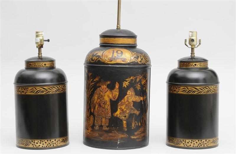 Appraisal: CHINESE T LE PEINTE TEA CANISTER LAMP AND A PAIR