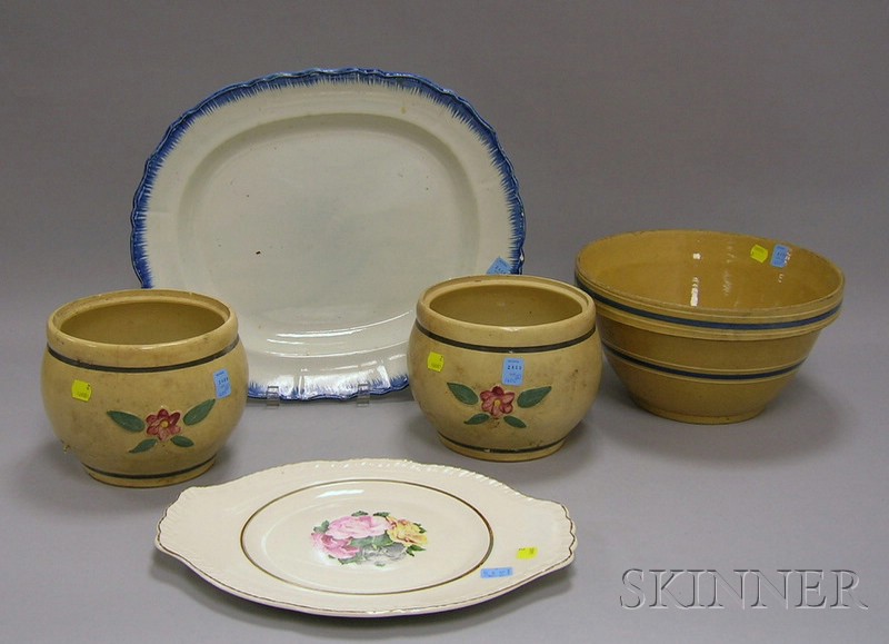 Appraisal: Five Pottery Items a yellowware mixing bowl with blue and