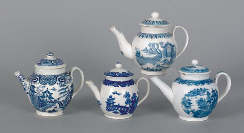 Appraisal: Four miniature pearlware teapots th c with chinoiserie decoration two