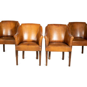 Appraisal: A Set of Four Leather-Upholstered Barrel-Back Armchairs th Century Height