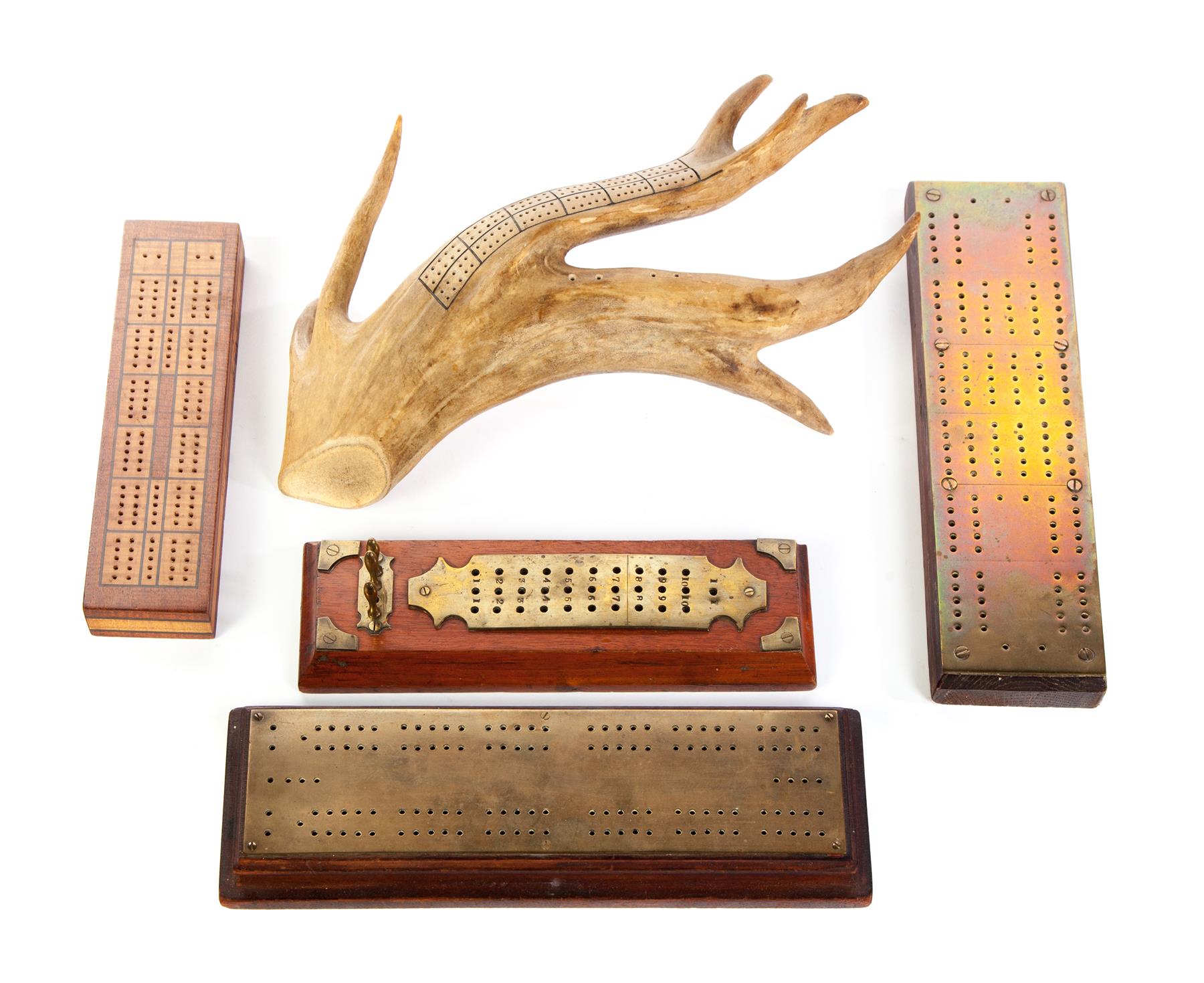 Appraisal: FIVE CRIBBAGE BOARDS Nineteenth and th century Three English brass