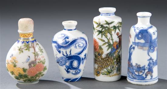 Appraisal: Group of four Chinese snuff bottles Blue and white porcelain