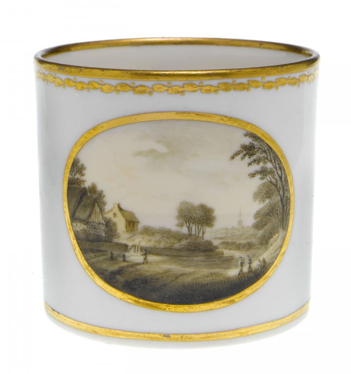 Appraisal: A DERBY COFFEE CAN painted en grisaille with figures at