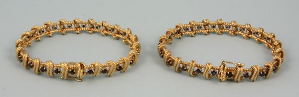 Appraisal: Pair of Tiffany k yellow gold and sapphire bracelets l