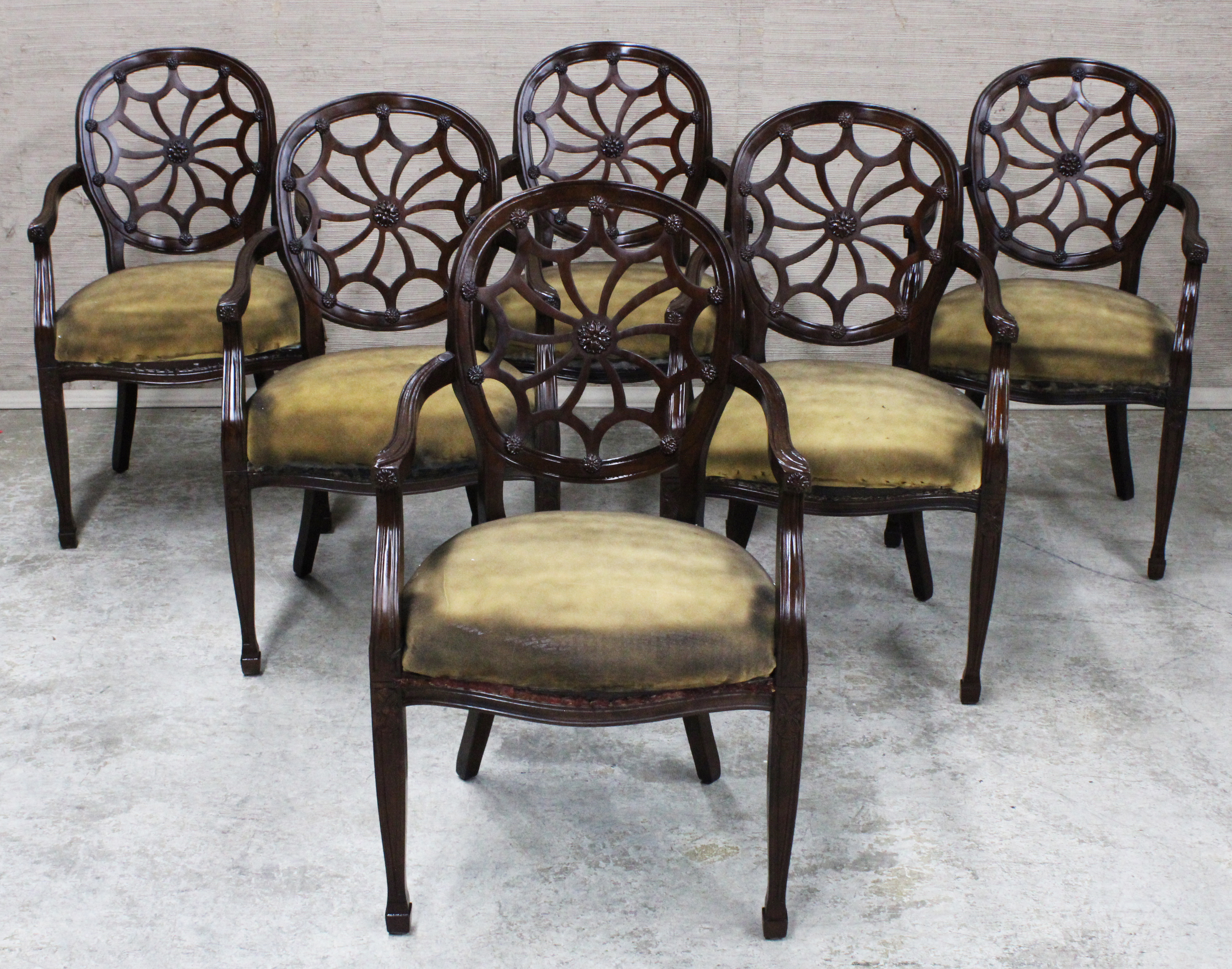 Appraisal: HEPPLEWHITE STYLE MAHOGANY ARM CHAIRS Group of Hepplewhite style mahogany