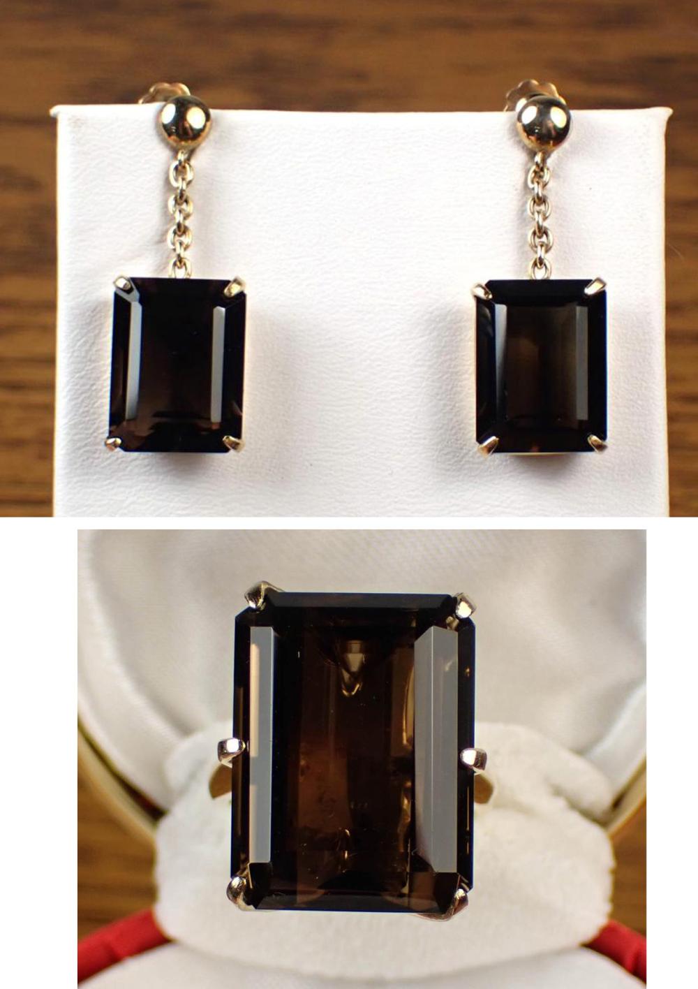 Appraisal: SMOKY QUARTZ RING AND EARRING SET including a k yellow