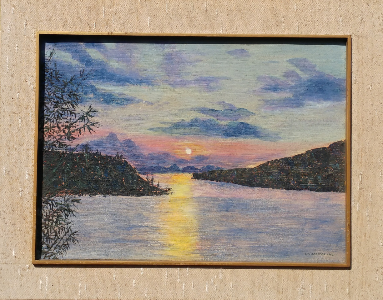 Appraisal: I A Assiter thC River landscape at sunset oil on