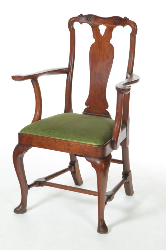 Appraisal: CARVED QUEEN ANNE ARMCHAIR Probably English th century mahogany Carved