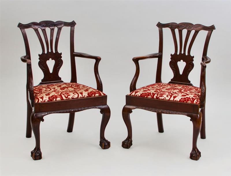 Appraisal: PAIR OF GEORGE III STYLE CARVED MAHOGANY ARMCHAIRS x x