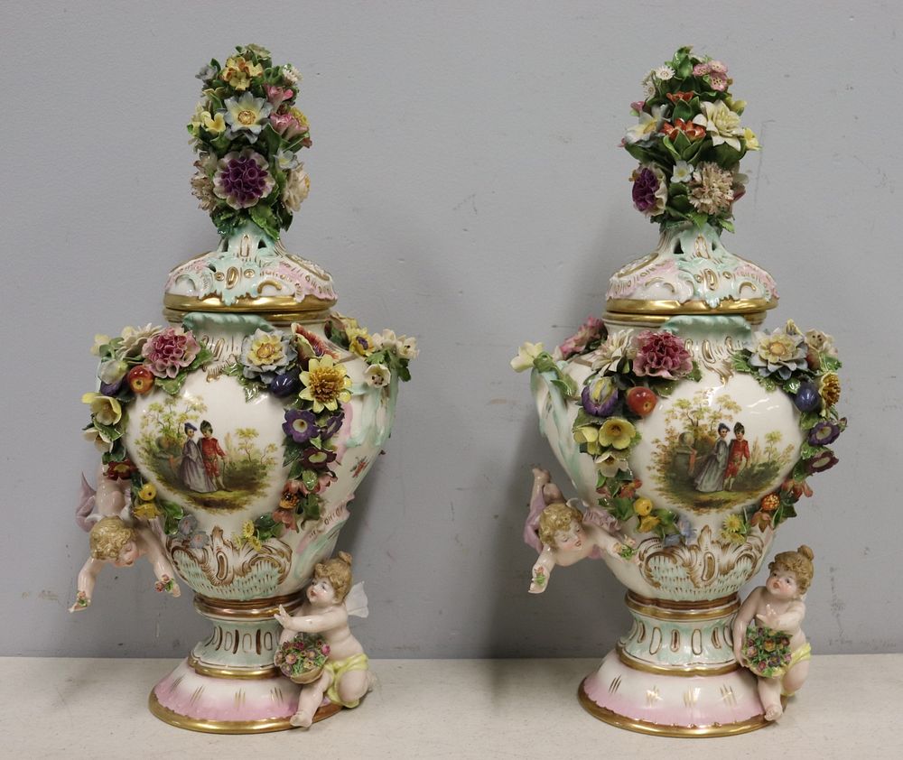 Appraisal: Pair Of Meissen Style Lidded Floral And Figural Decorated Lidded