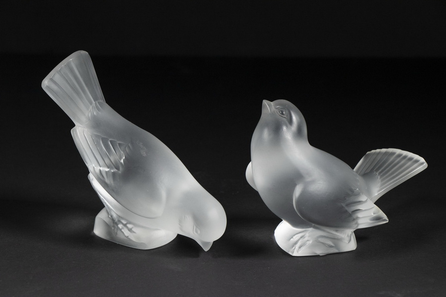 Appraisal: LALIQUE CRYSTAL BIRD FIGURINES French Frosted Crystal Bird Figurines both