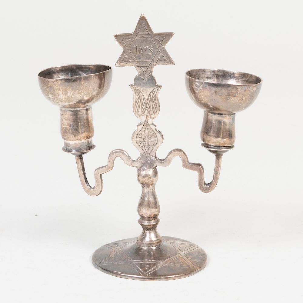 Appraisal: Silver Plate and Metal Two-Light Sabbath Candlestick x x in