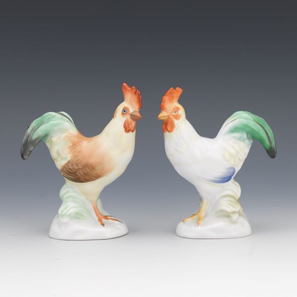 Appraisal: TWO HEREND PORCELAIN ROOSTER AND HEN FIGURINES Pair of glazed