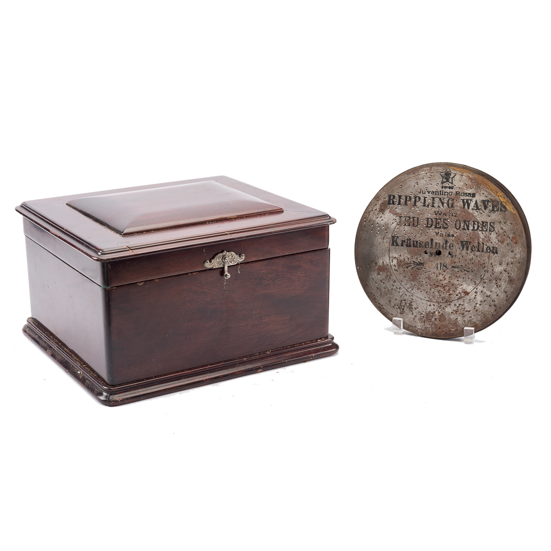 Appraisal: Swiss mahogany disc music box dated mahogany case with single