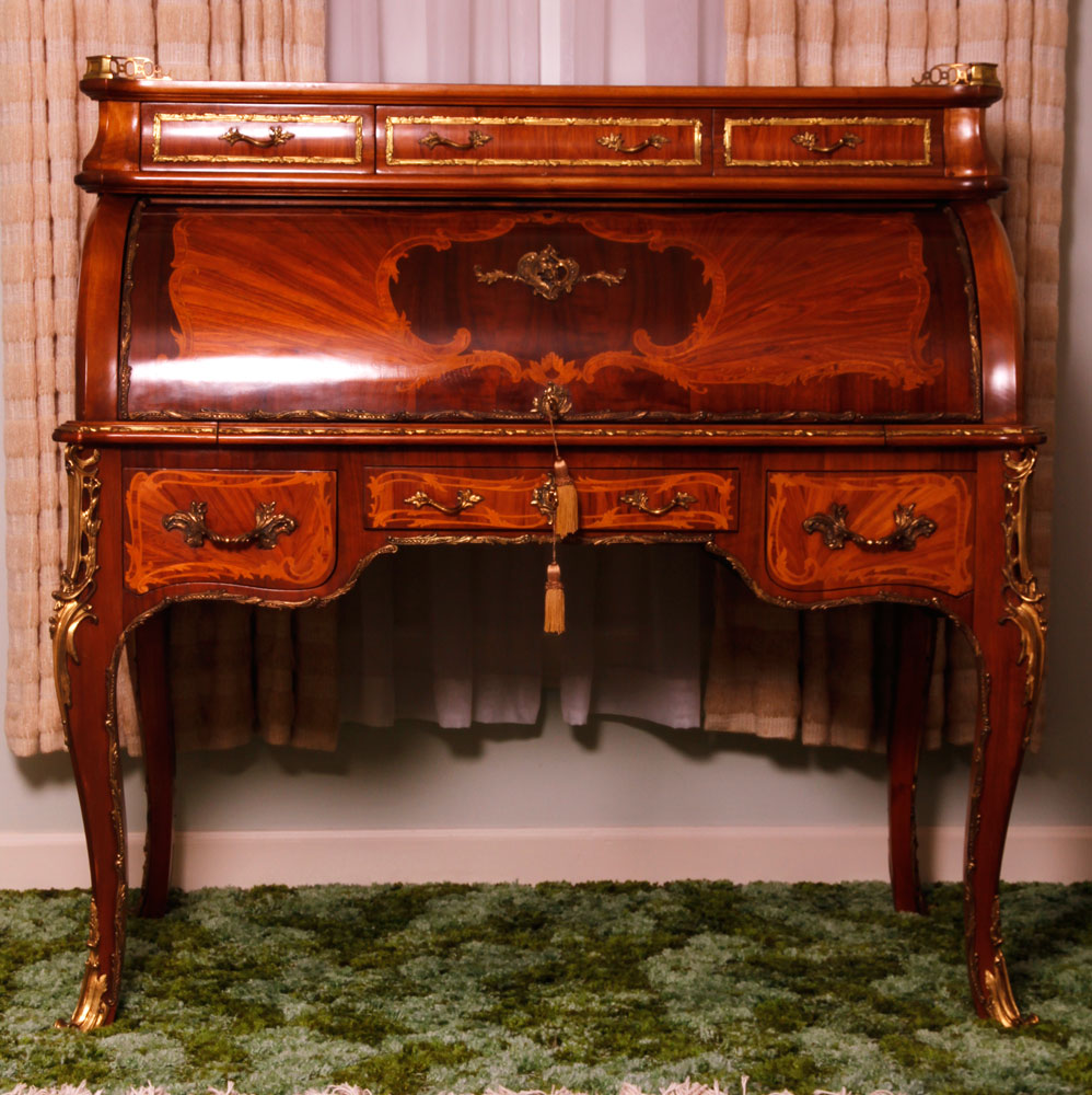 Appraisal: - Louis XV Style Marquetry Cylinder Desk Louis XV style