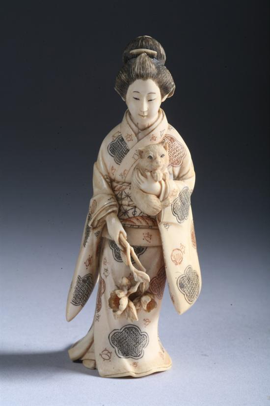 Appraisal: JAPANESE IVORY OKIMONO OF GEISHA AND CAT signed - in