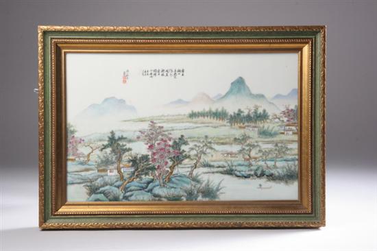 Appraisal: CHINESE FAMILLE ROSE PORCELAIN PLAQUE Riverscape decoration - in x