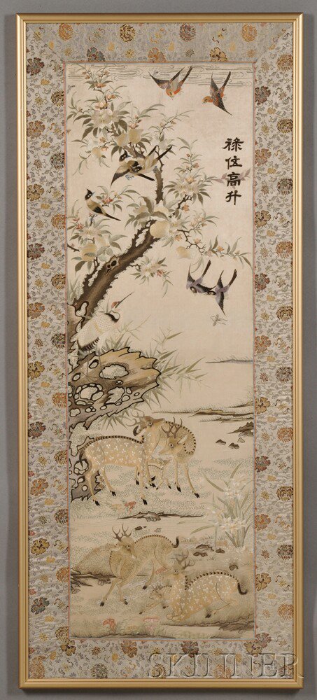 Appraisal: Embroidered Panel Depicting Deer China late th th century the