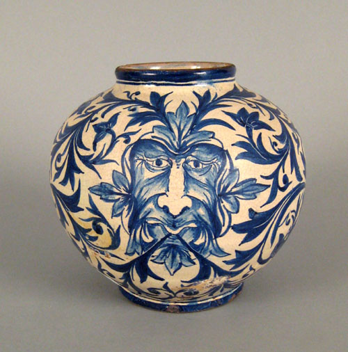 Appraisal: Continental blue and white pottery jar th c with mask