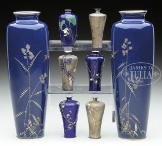 Appraisal: PAIR OF CLOISONNE VASES ALONG WITH CASED PRODUCTION SET Meiji