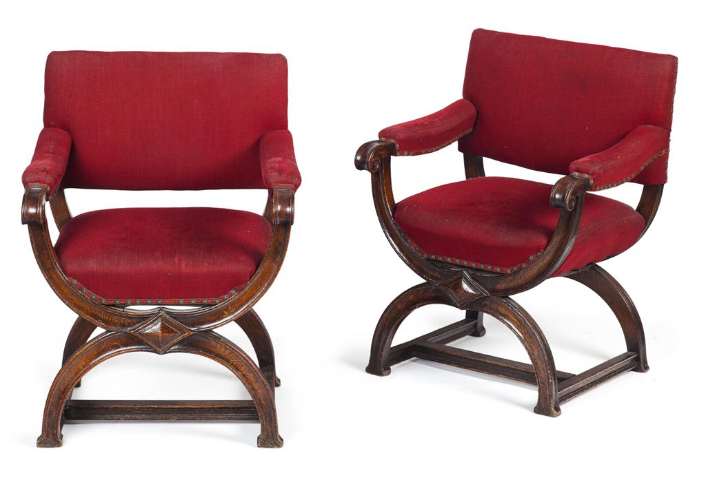 Appraisal: PAIR OF CHARLES II STYLE OAK X-FRAME ARMCHAIRS TH CENTURY