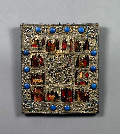 Appraisal: Polychromed Russian Wooden Ikon depicting Scenes from the Life of