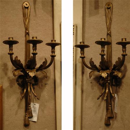 Appraisal: Pair of Neoclassical Style Gilt-Bronze Three-Light Sconces Estimate -