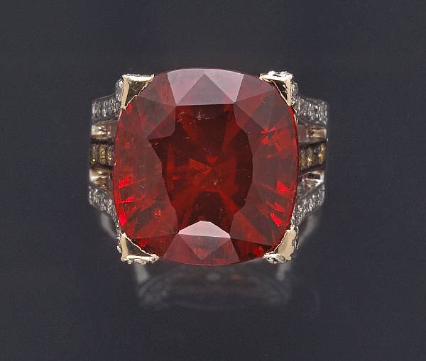 Appraisal: A hessonite garnet colored diamond and diamond ring garnet weighing