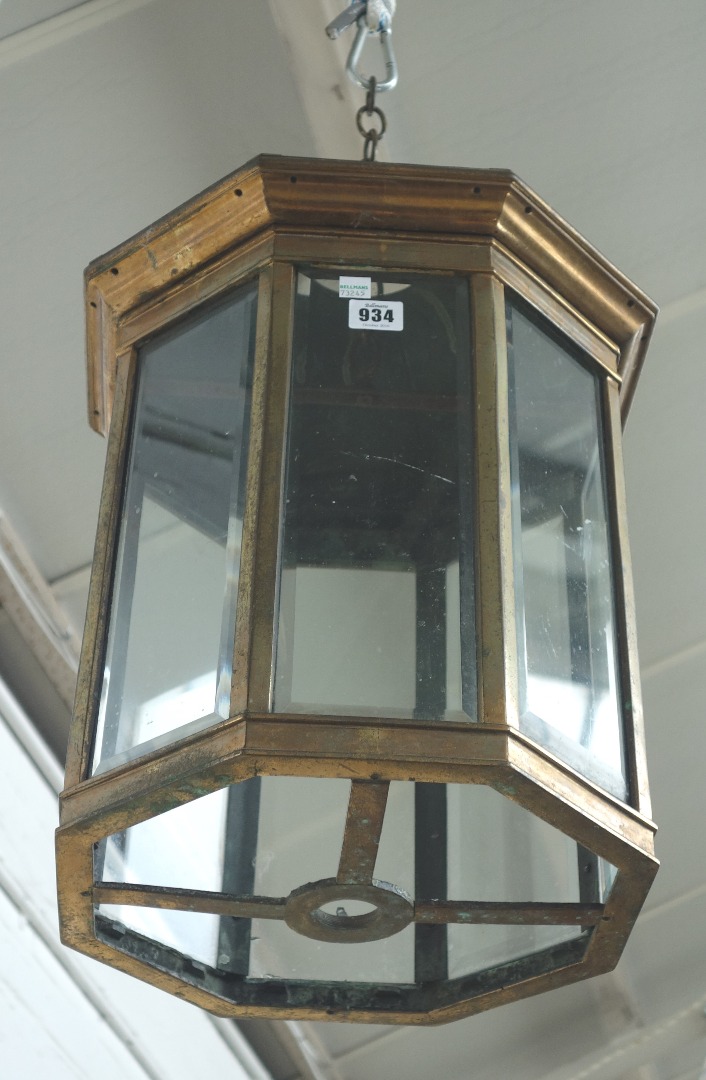 Appraisal: A gilt metal and glass hall lantern th century of