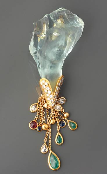 Appraisal: A carved crystal gem-set diamond and gold pendant attributed to